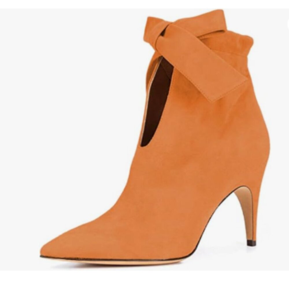 XYD Orange Pointed Toe Ankle Booties Dress High Heels Bow Pull-on Party Boots